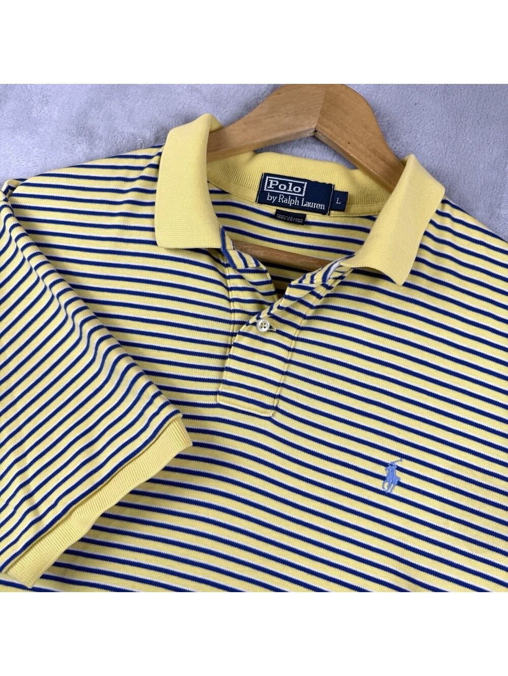Polo Ralph Lauren Yellow Blue Stripe Polo Shirt Men’s L Cotton Short Sleeve Pony - Picture 1 of 7